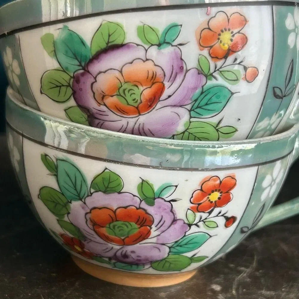2 Vintage Hand Painted Lusterware Floral Tea Cups